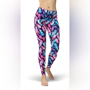 New Feathers Multi Color Digital Print Soft Leggings One Size 0-10
